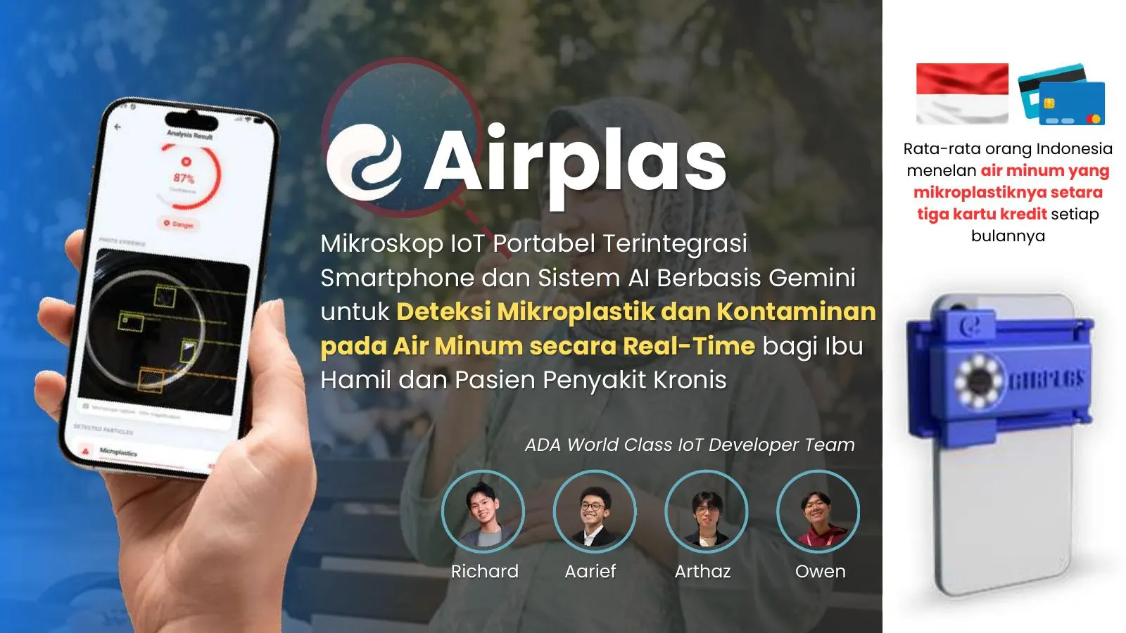 Sampul pitch deck Airplas dengan mikroskop smartphone