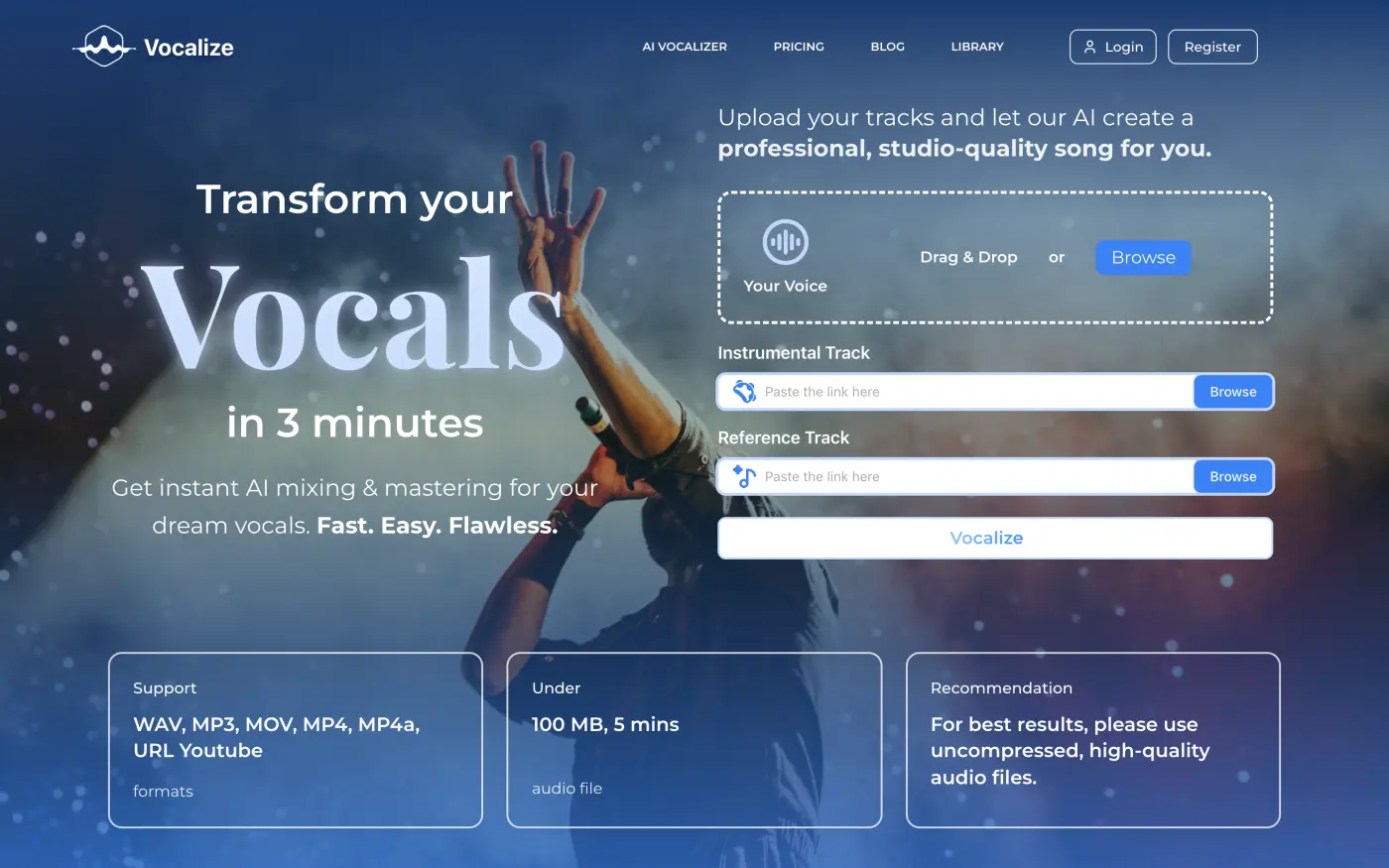 Layar unggah Vocalize: vokal, instrumental, dan lagu referensi